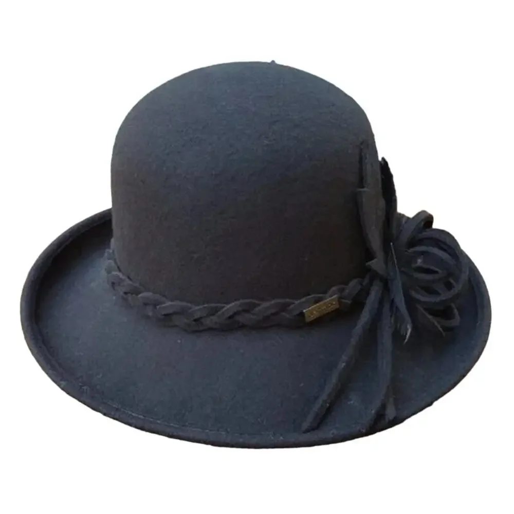 Vintage Betmar Black Wool Cloche Hat Sculptural Flower Braided Band